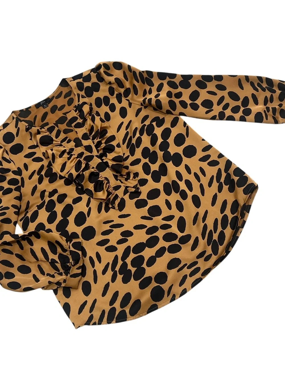 J crew Ruffled V-Neck Long Sleeve blouse caramel black dot print size medium